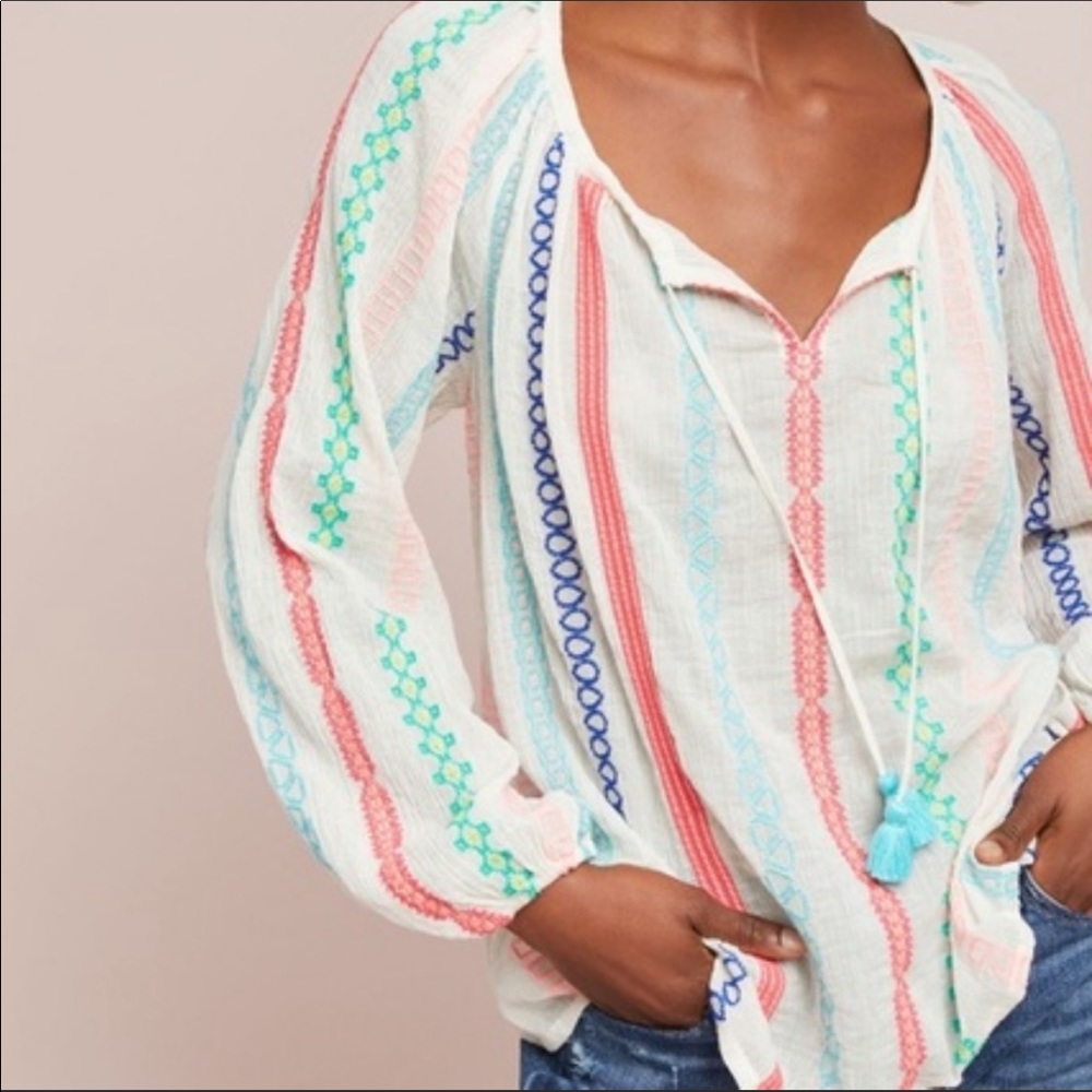 Anthro Payal Pratap White gauze summery spring multi embroidered top Small